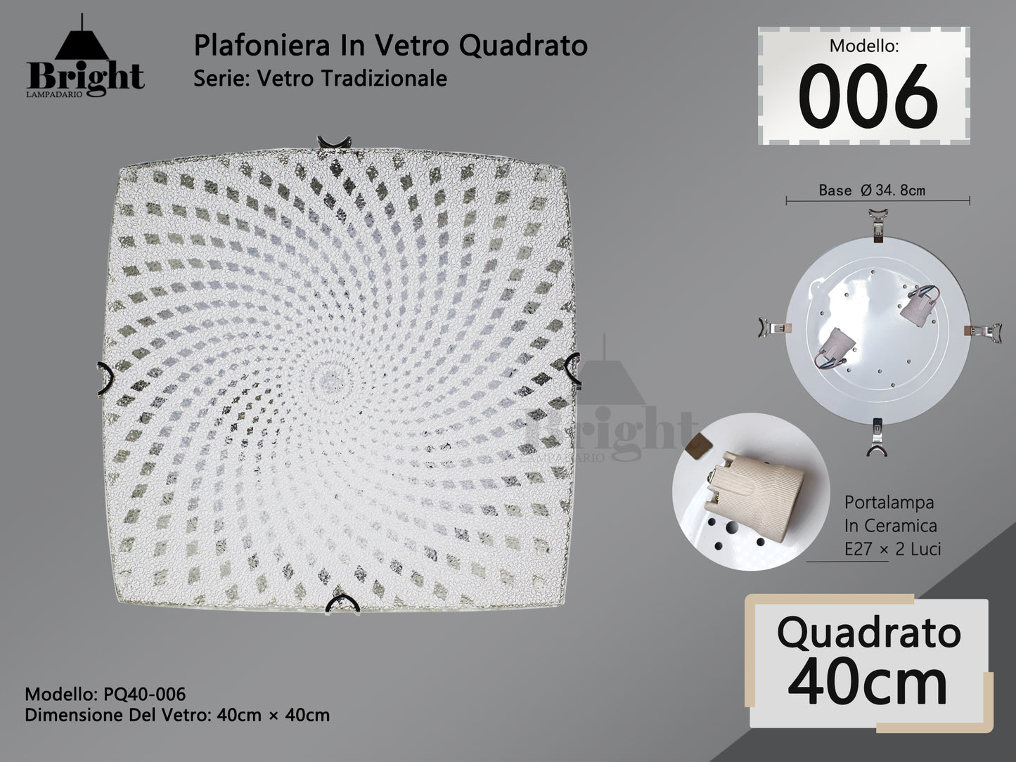 Plafoniera Quadrato in Vetro Tradizionale E27 40*40cm - Stile Classico Tradizionale