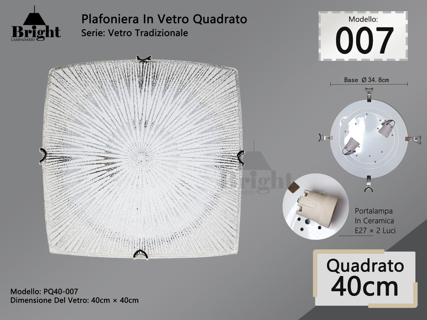 Plafoniera Quadrato in Vetro Tradizionale E27 40*40cm - Stile Classico Tradizionale
