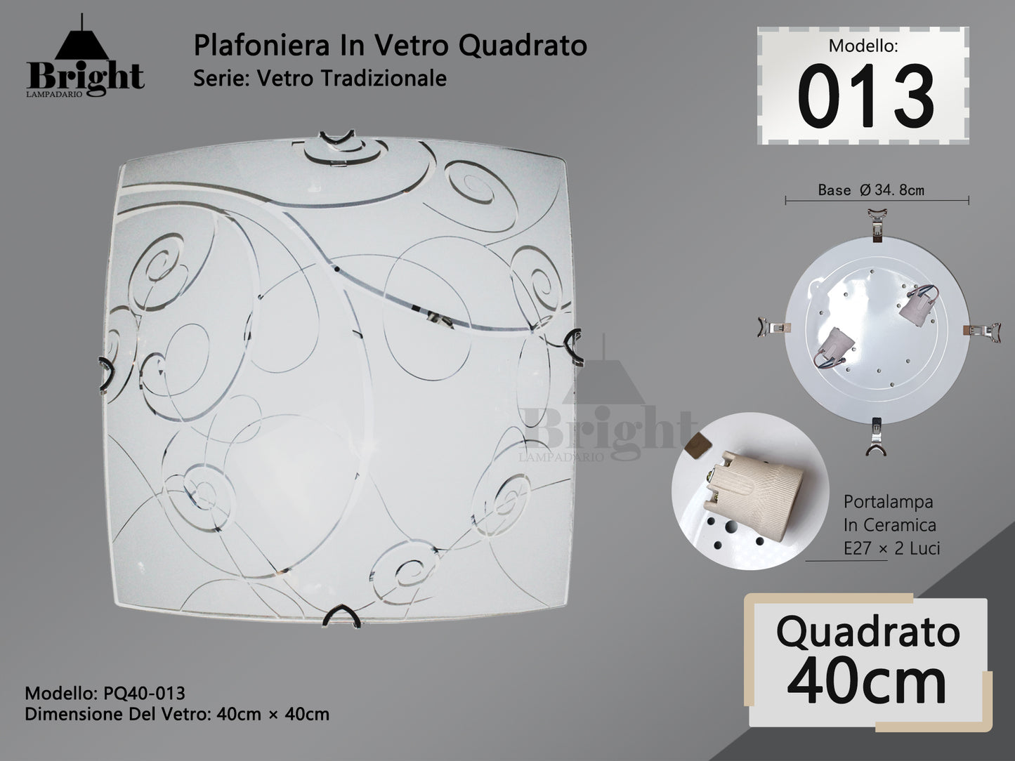 Plafoniera Quadrato in Vetro Tradizionale E27 40*40cm - Stile Classico Tradizionale