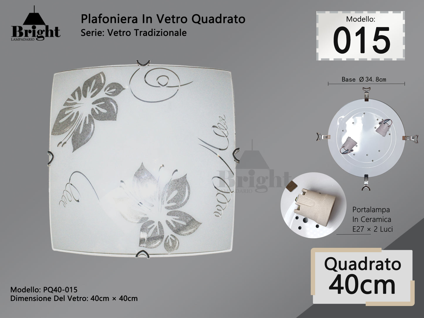 Plafoniera Quadrato in Vetro Tradizionale E27 40*40cm - Stile Classico Tradizionale