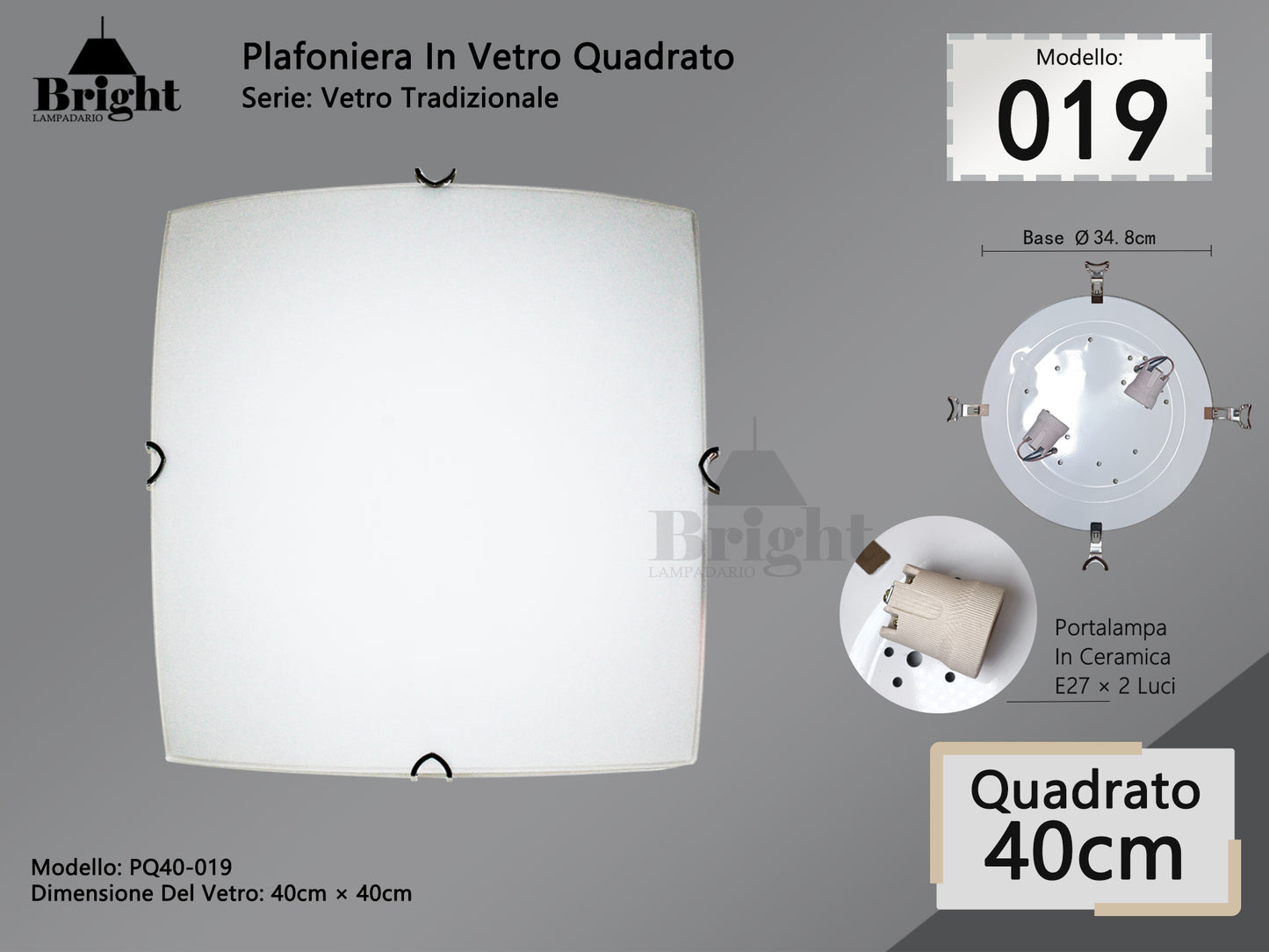 Plafoniera Quadrato in Vetro Tradizionale E27 40*40cm - Stile Classico Tradizionale