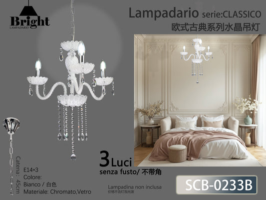 Lampadario A Sospension In Vetro Bianco Serie Classico E14- Serie Classico Barocco 3/5 Luci