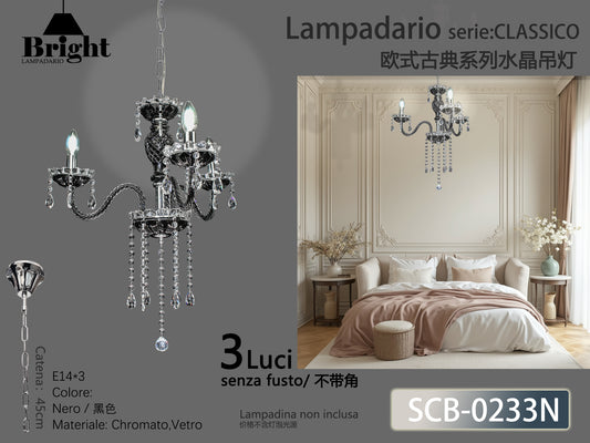 Lampadario a Sospensione in Vetro Nero E14 - Serie Classico Barocco 3/5 Luci