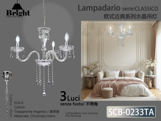 Lampadario A Sospension In Vetro Trasparente Argento - Serie Classico E14 Serie Classico Barocco 3/5 Luci