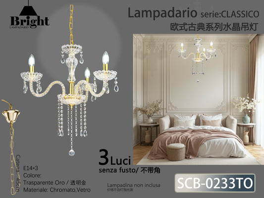 Lampadario A Sospension In Vetro Trasparente Oro Serie Classico E14 - Serie Classico Barocco 3/5 Luci