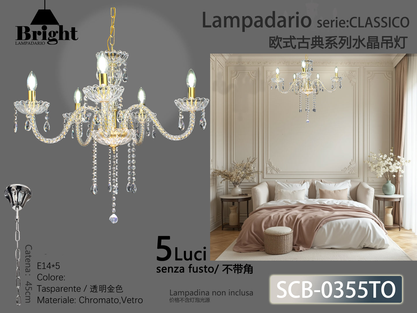 Lampadario A Sospension In Vetro Trasparente Oro Serie Classico E14 - Serie Classico Barocco 3/5 Luci