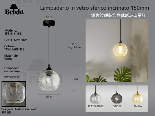 Lampada a Sospensione Sferica in Vetro 15cm con Effetto Incrinato "Vintage Crackle" Mod. SFE-IN1-15