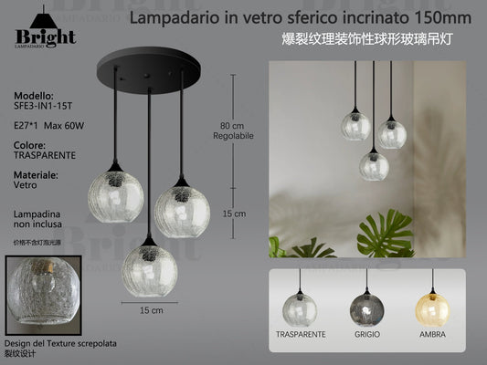 Lampada a Sospensione Sferica in Vetro 15cm Multipla a 3 Luci con Effetto Incrinato "Vintage Crackle"