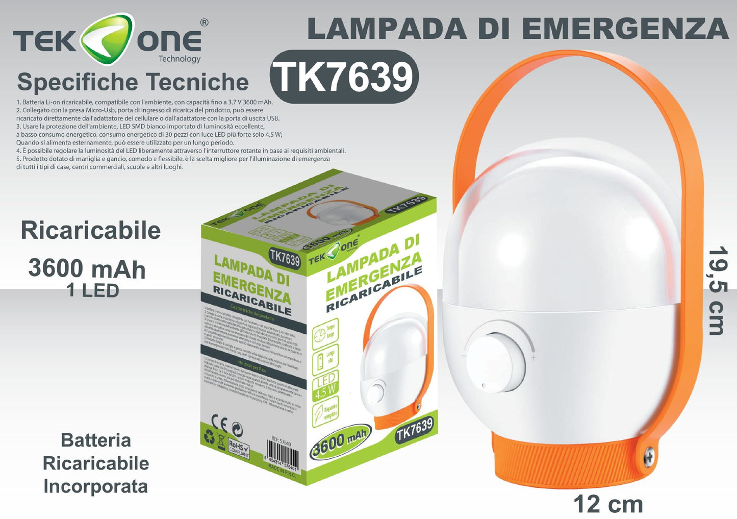 Lampada Di Emergenza Ricaricabile Luce Portabile TK7638 TK7639 / TEK ONE