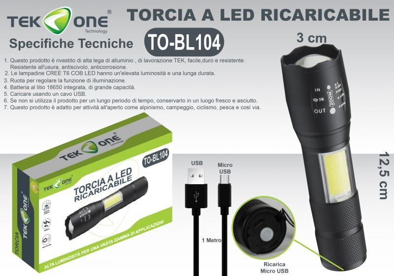Torcia A Led Ricaricabile USB Lampada portabile TO-BL104/ TEK ONE