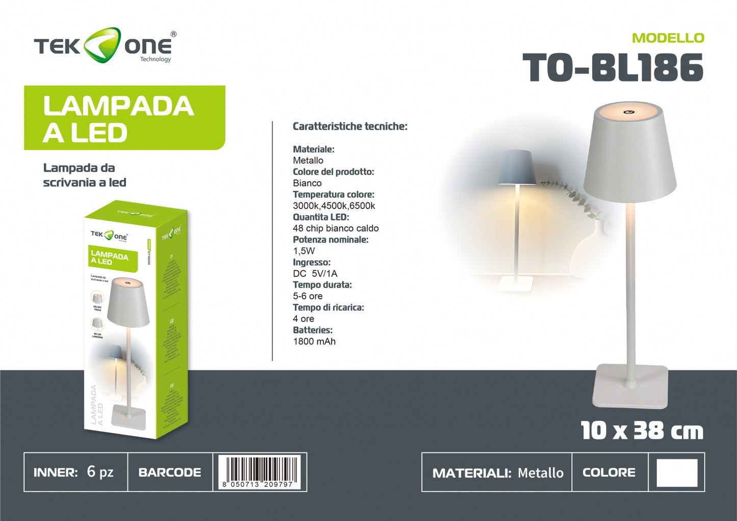 Lampada da tavolo ricaricabile a led TO-BL186/Lumetto decorativo/ TEK ONE