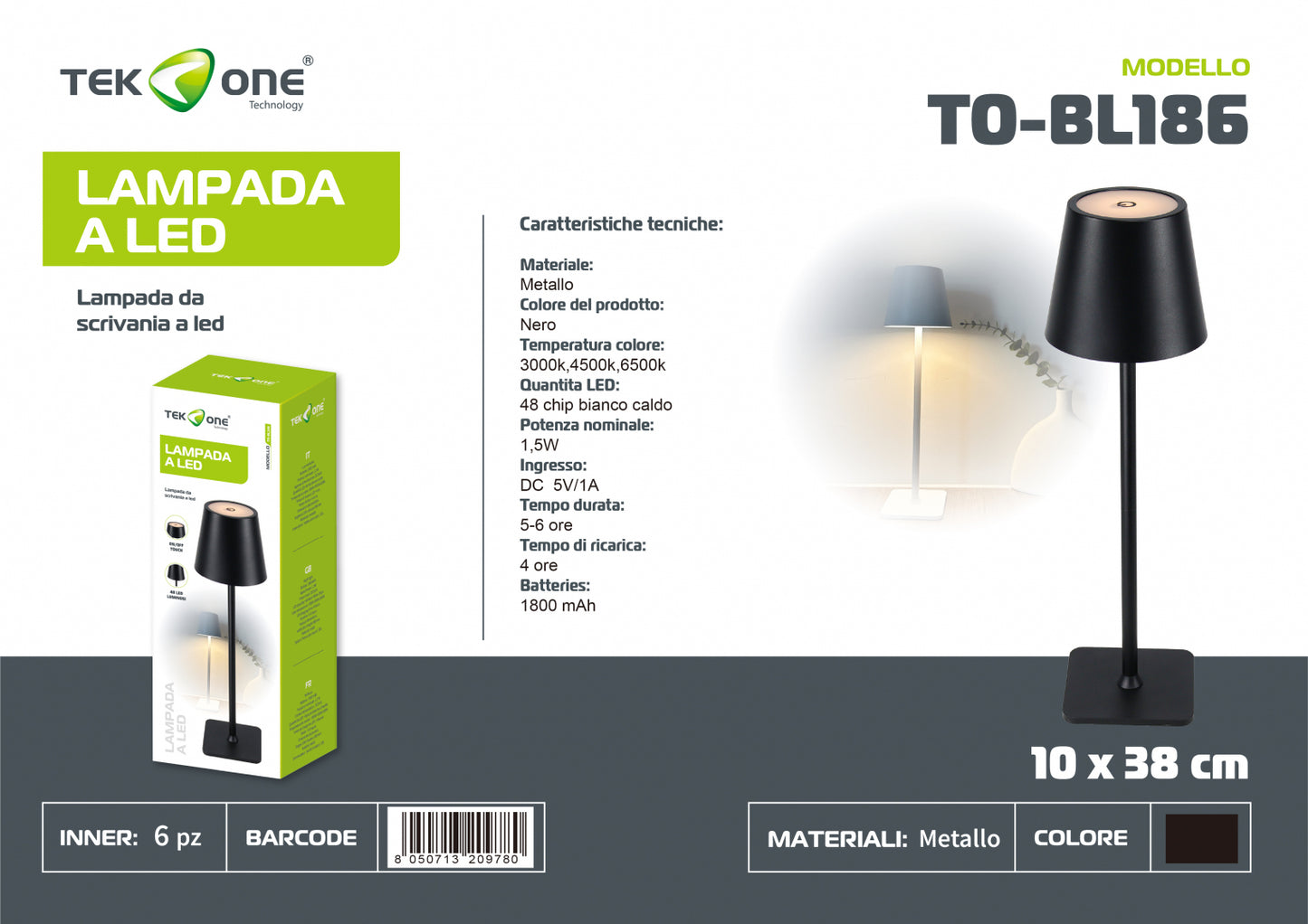 Lampada da tavolo ricaricabile a led TO-BL186/Lumetto decorativo/ TEK ONE
