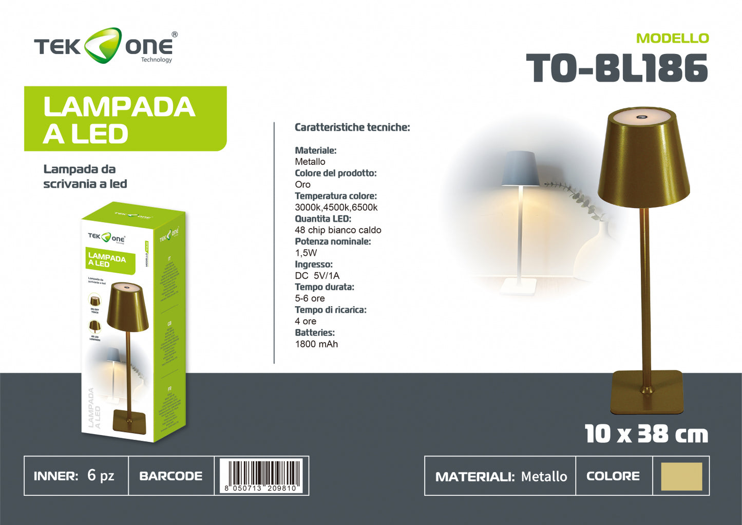 Lampada da tavolo ricaricabile a led TO-BL186/Lumetto decorativo/ TEK ONE