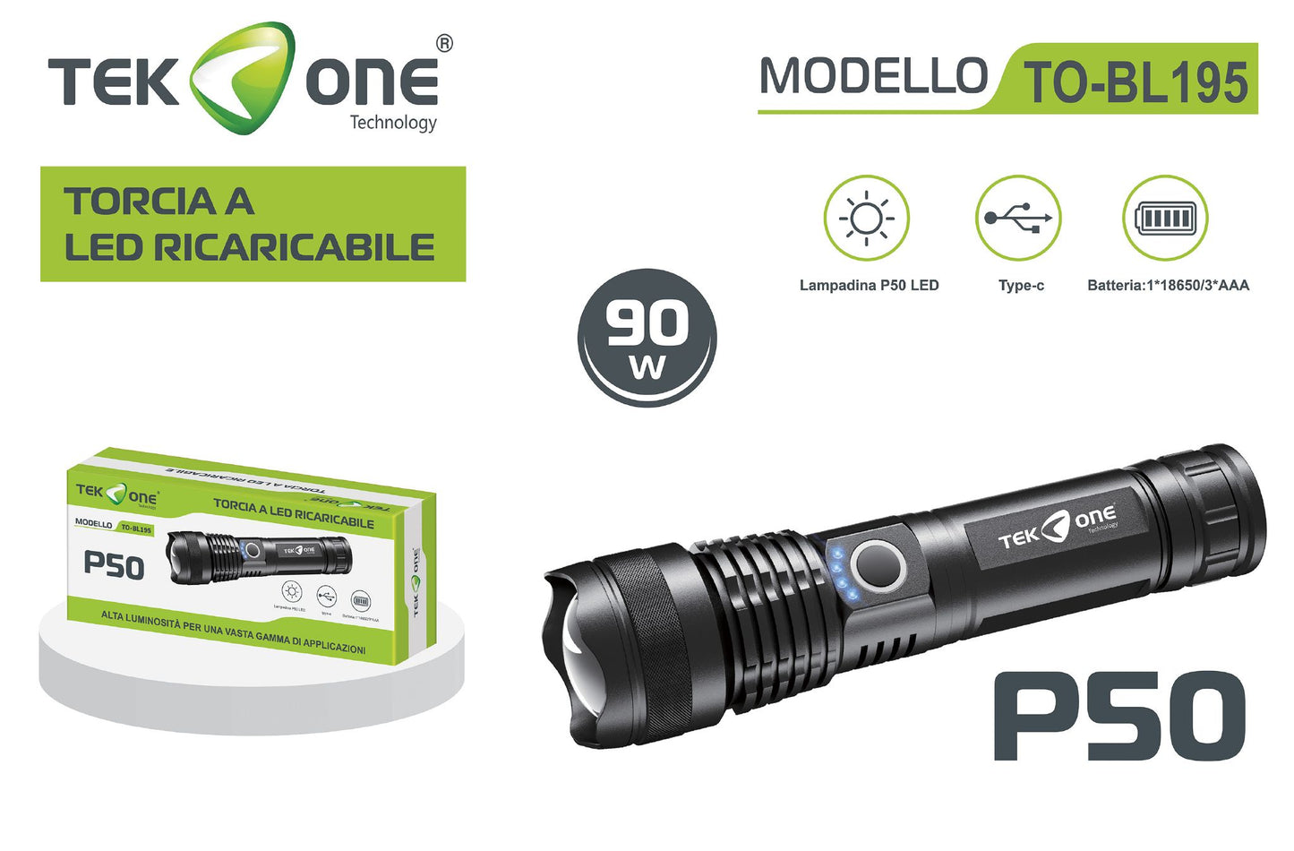 Torcia A Led Ricaricabile  Type C 90W Lampada portabile TO-BL195/ TEK ONE