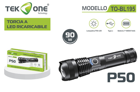 Torcia A Led Ricaricabile  Type C 90W Lampada portabile TO-BL195/ TEK ONE