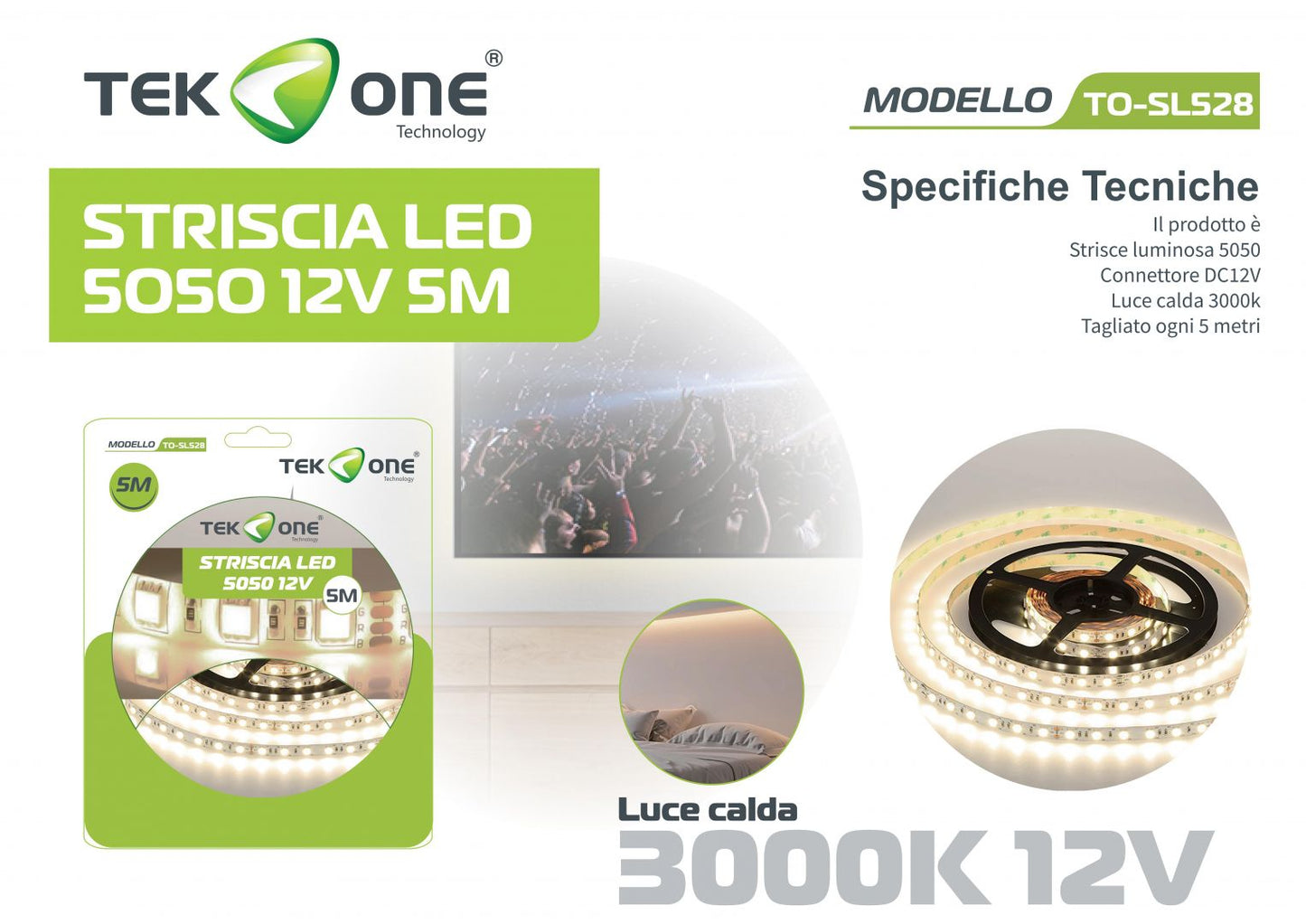 Striscia LED 5050 12V 5M  Luce blu Luce Fredde6400K  Naturale4000K Caldo3000K /TEK ONE