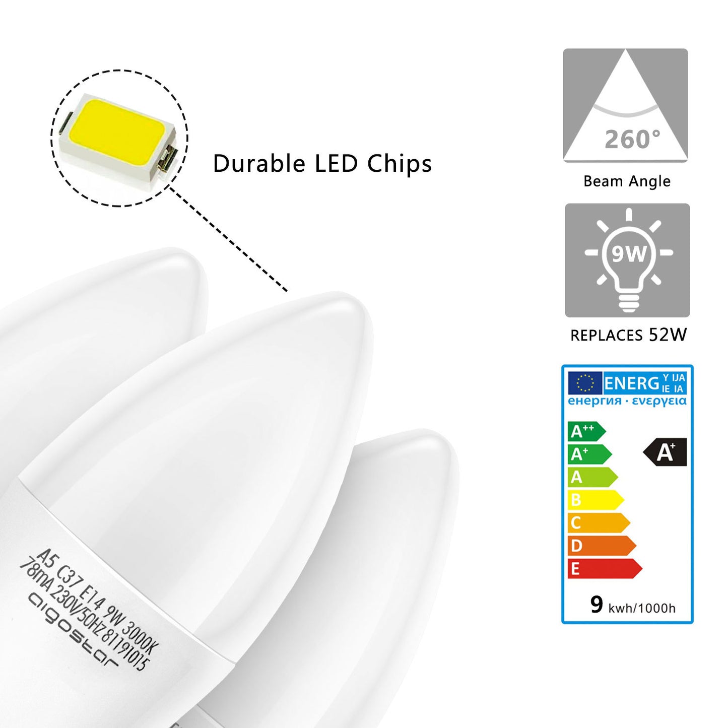 Lampadina LED A5 C37, 9W (equivalente a 62 W), luce calda 3000 K, 675 lumen, CRI> 80,  5 pezzi [Classe energetica A+]