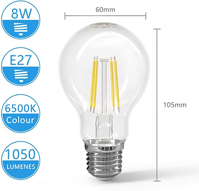 Filamento Lampadine LED E27 8W Equivalenti a 75W, Luce Bianca 6500K, 1050Lm, A60 Stile Vintage,Pacco da 5 Pezzi