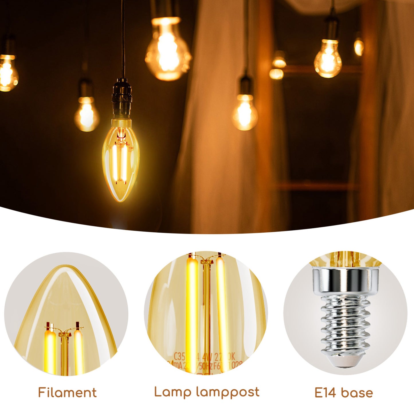 Lampadina LED E14 C35 4W (40W), 470 Lumen, Luce Fredda 6500K,Trasparente Lampadine LED