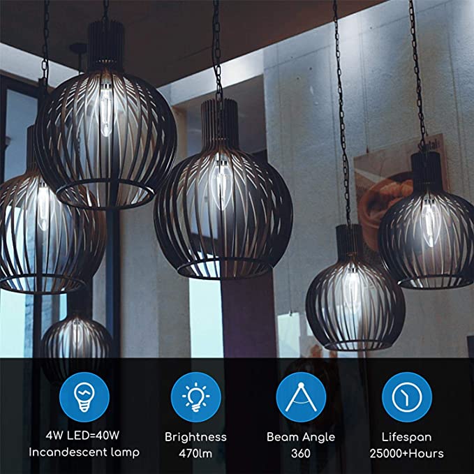 Lampadina LED E14 C35 4W (40W), 470 Lumen, Luce Fredda 6500K,Trasparente Lampadine LED