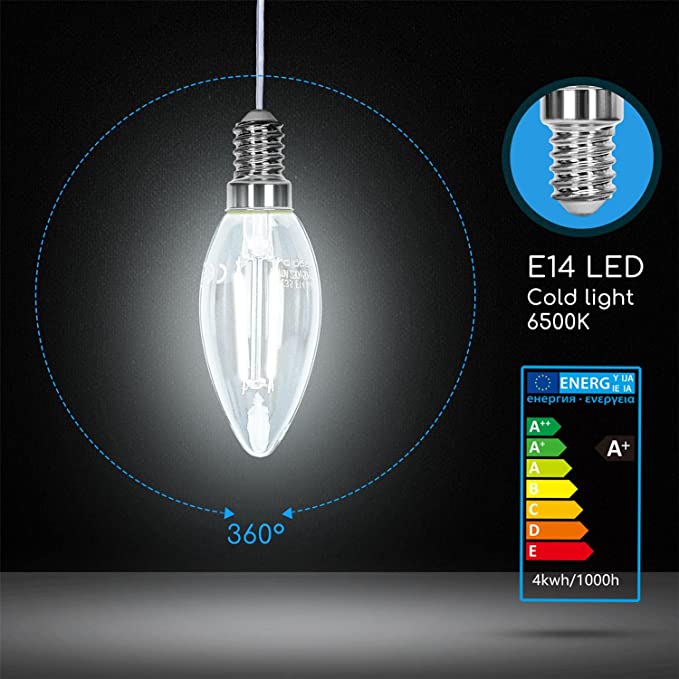Lampadina LED E14 C35 4W (40W), 470 Lumen, Luce Fredda 6500K,Trasparente Lampadine LED
