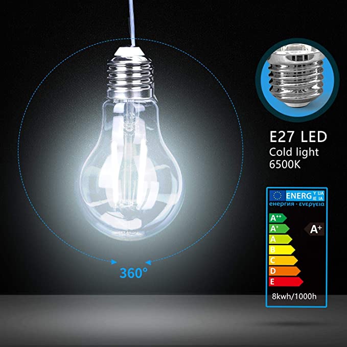 Filamento Lampadine LED E27 8W Equivalenti a 75W, Luce Bianca 6500K, 1050Lm, A60 Stile Vintage,Pacco da 5 Pezzi