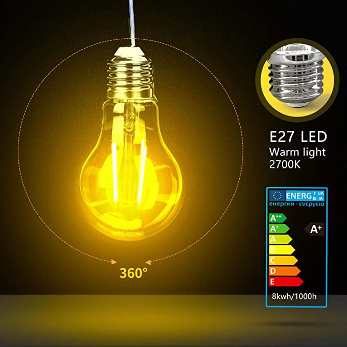 Filamento Lampadine LED E27 8W Equivalenti a 75W, Luce Bianca 6500K, 1050Lm, A60 Stile Vintage,Pacco da 5 Pezzi