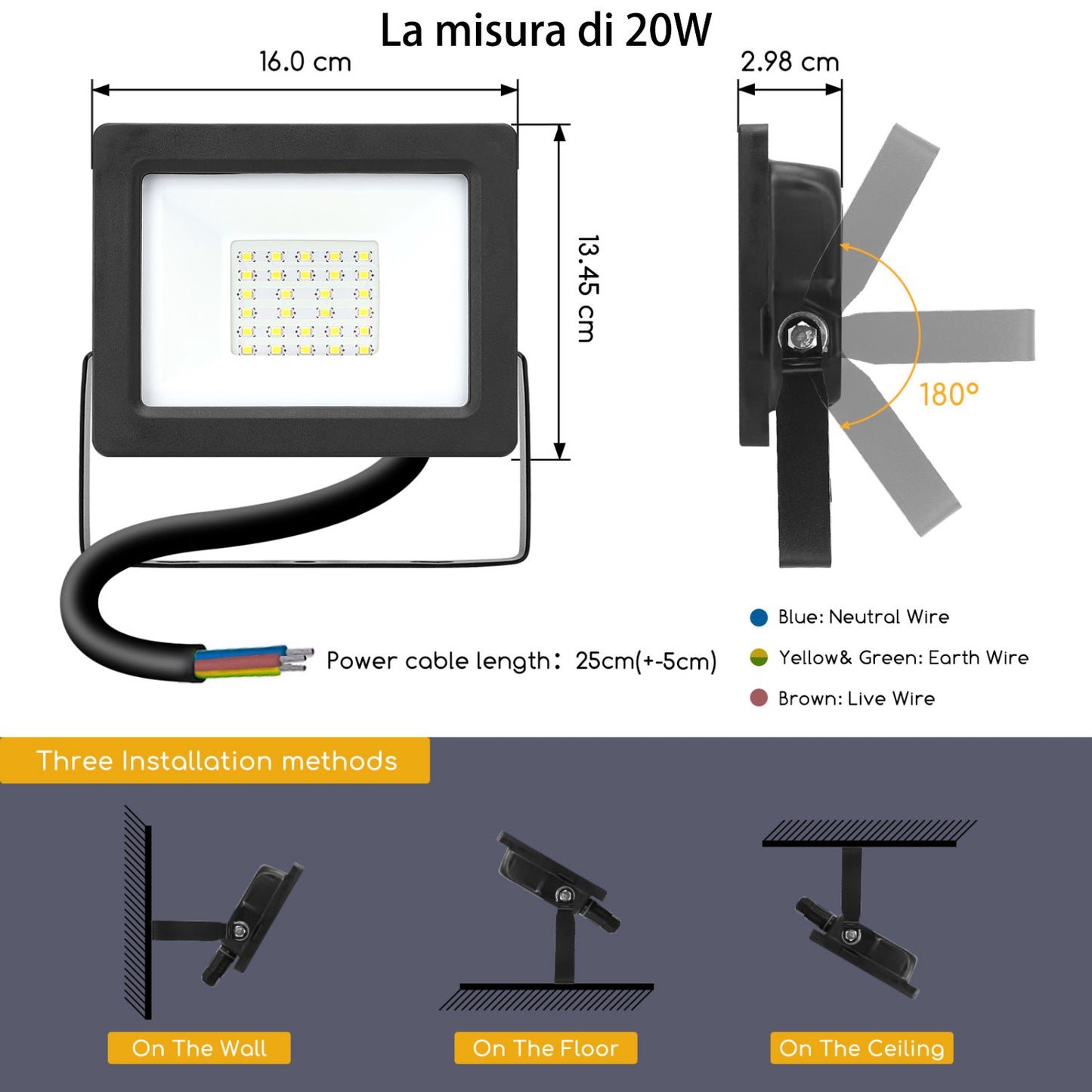 Ultra-Sottile Faretto Led da Esterno 20W 1800 Lumen,Faretti Led Esterno Bianca Naturale 4000K,Luce di Sicurezza Impermeabile IP65(187842)