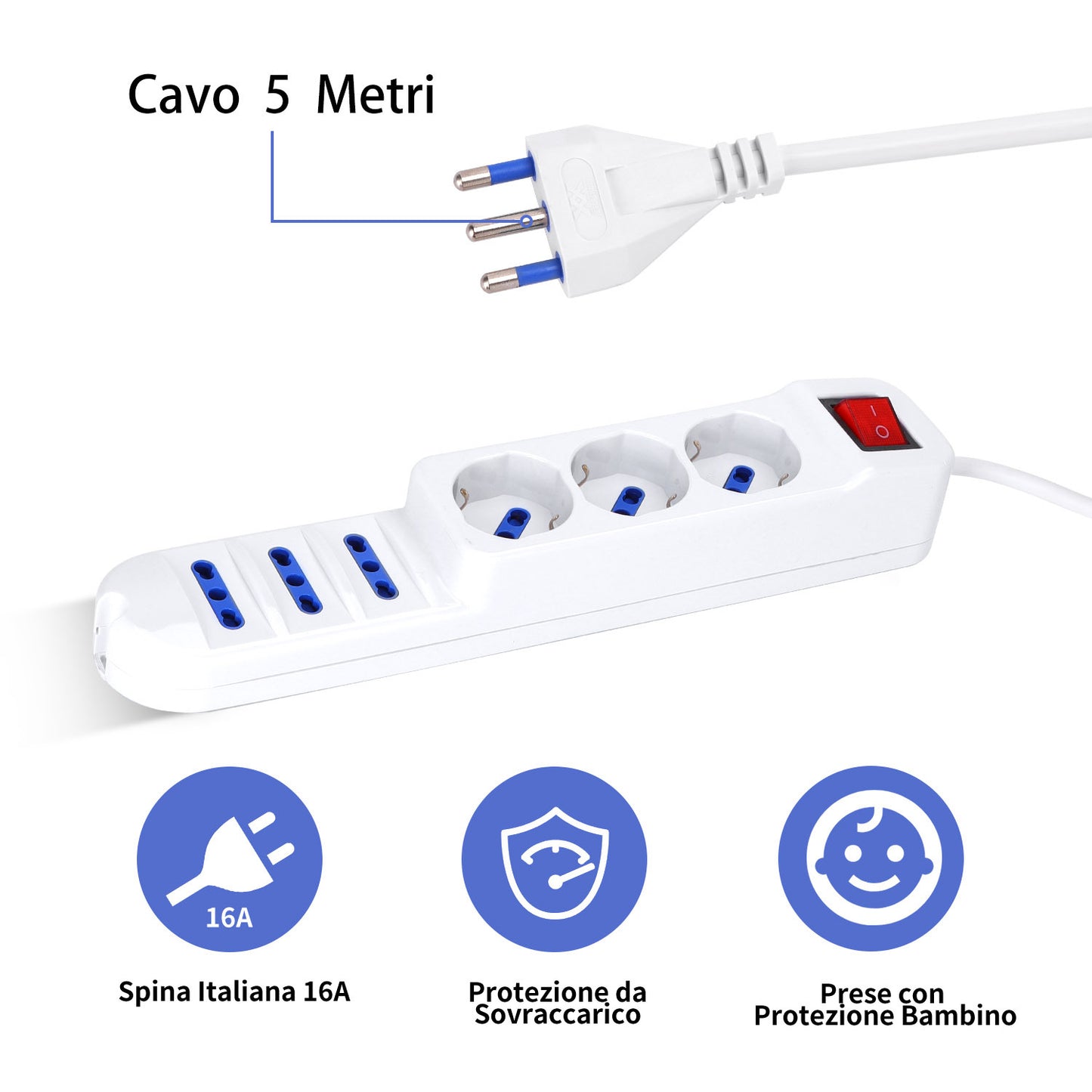Multipresa Ciabatta elettrica polivalente a 6 Posti, 250v/2500W . Cavo 5m. Color Bianco