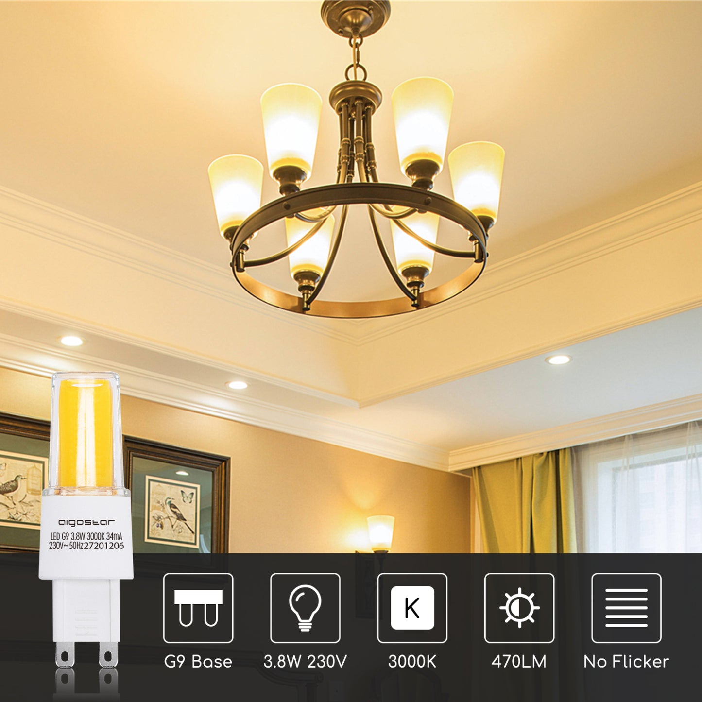 Lampadina LED G9,3.8W (equivalente alogeno 40W), 470LM, 360°, 3000K luce calda. Lampadina LED senza sfarfallio, non dimmerabili