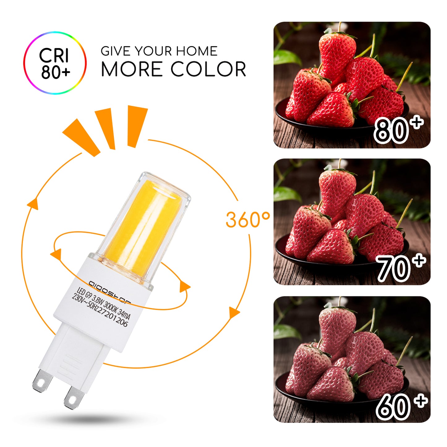 Lampadina LED G9,3.8W (equivalente alogeno 40W), 470LM, 360°, 3000K luce calda. Lampadina LED senza sfarfallio, non dimmerabili