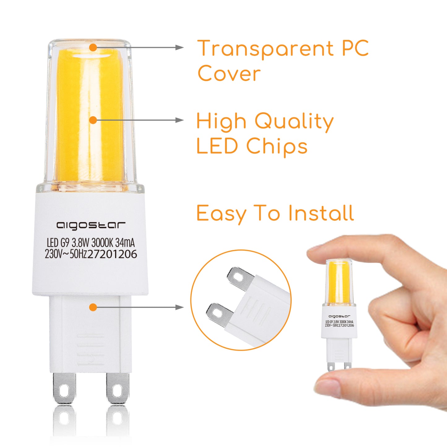 Lampadina LED G9,3.8W (equivalente alogeno 40W), 470LM, 360°, 3000K luce calda. Lampadina LED senza sfarfallio, non dimmerabili